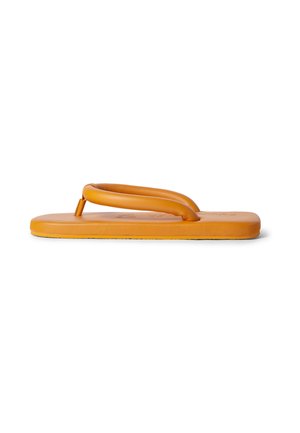 Orange rubber flip-flop with a flat sole, soft rounded straps, and minimal design, featuring a smooth texture and no patterns.