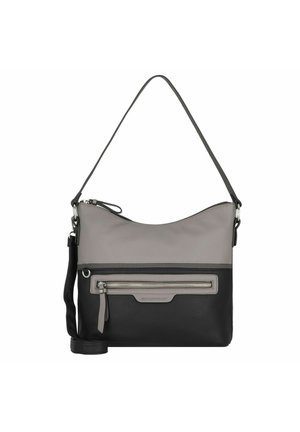 Sac noir et gris en bandoulière avec une texture lisse, une poche frontale zippée et une sangle réglable pour un transport polyvalent.