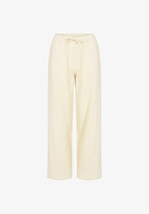 Locker sitzende, cremefarbene Hose mit elastischem Bund und Kordelzug, geraden Beinen, ohne sichtbare Taschen oder Muster.