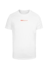 Weißes Baumwoll-T-Shirt mit kurzen Ärmeln und Rundhalsausschnitt. Auf der Vorderseite steht in orangefarbenen japanischen Zeichen "素晴らしい" mit einem Stern.