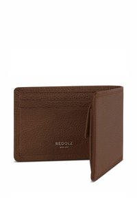 Bruine leren bifold portemonnee met meerdere kaartsleuven en "REDOLZ SINCE 2001" in het leer gedrukt, gedeeltelijk geopend getoond.
