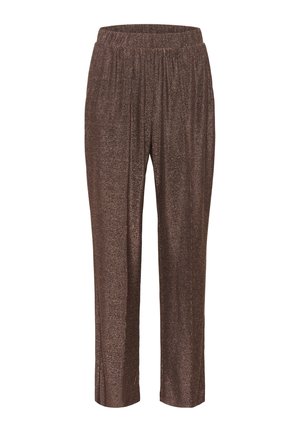 Braune, glänzende Hose mit elastischem Bund und lockerer Passform. Sie verfügt über einen subtilen metallischen Glanz und ein gerades Bein-Design, gefertigt aus einem weichen, strukturierten Material.
