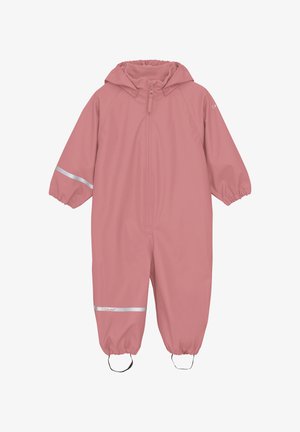 Waterdichte roze overall met capuchon, elastische manchetten en reflecterende strepen. Glad textuur, ritssluiting en rubberen voetbanden.