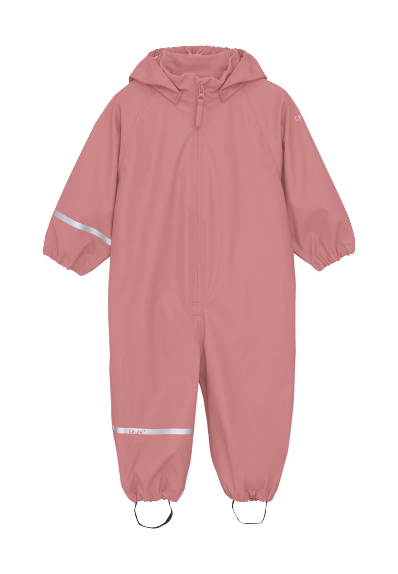 Vattentät rosa overall med huva, elastiska ärmslut och reflexer. Slät textur, dragkedjestängning och gummiband för fötterna.