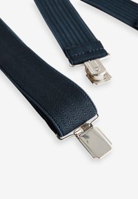 Navy blue suspenders with a textured herringbone pattern, featuring shiny silver metal clips for attachment. Smooth fabric finish.
