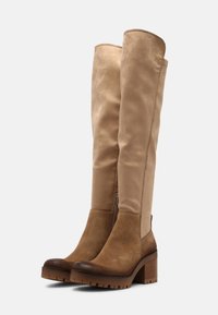 Bottes hauteur genou couleur sable, combinant cuir lisse et daim, bout arrondi, fermeture éclair latérale et talon carré. Semelle en caoutchouc texturée.