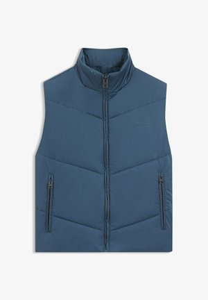 Blå, ærmeløs dunvest med høj krave, lynlås foran, to lynlåslommer i siderne og "HUGO"-logo på brystet.