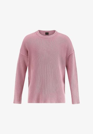 Rosa geripptes Strickoberteil mit langen Ärmeln, Rundhalsausschnitt und lockerer Passform. Verfügt über ein strukturiertes Muster und subtile Farbvariationen.