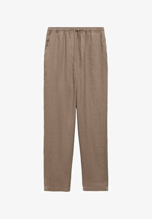 Light brown linen pants with an elastic waistband and drawstring, featuring two side pockets and a straight leg design.