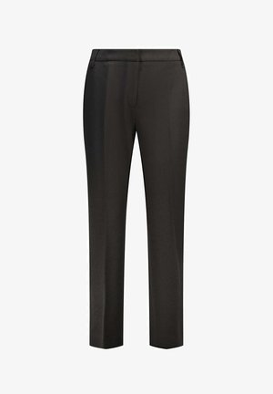 Pantaloni neri a gamba dritta realizzati in tessuto liscio. Presentano una parte frontale piatta, passanti per la cintura e senza tasche visibili. Design su misura per un aspetto elegante.