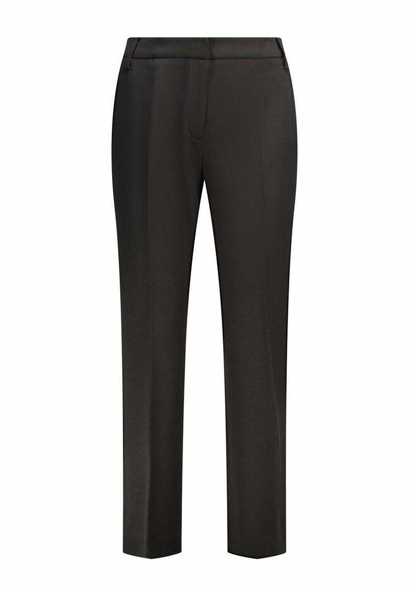 Pantalons droits noirs en tissu lisse. Présentent un devant plat, des passants de ceinture et aucun poche visible. Design ajusté pour une apparence élégante.