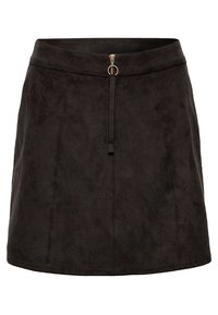 Mini-jupe trapèze en suède noir avec fermeture éclair frontale et détail d’anneau rond en or.