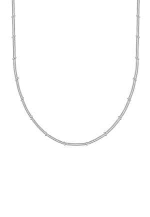 Sudraba kaklarota ar maiņojošām gludām un tekstūrētām sekcijām. Iezīmē pagarinātus posmus un apaļus akcentus, radot līdzsvarotu dizainu.