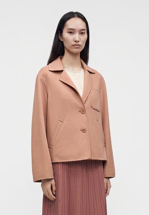 Femme aux longs cheveux foncés portant une veste marron clair boutonnée sur un haut crème et une jupe plissée rose poudré sur un fond uni.
