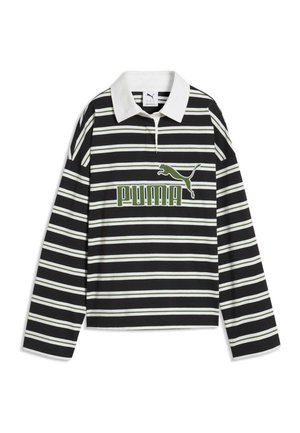 Czarna i biała koszulka rugby z długimi rękawami w poziome paski i białym kołnierzykiem, z zielonym logo Puma i tekstem na piersi.