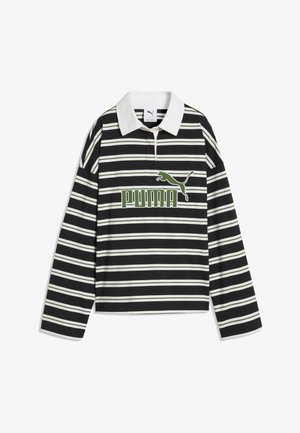 Czarna i biała koszulka rugby z długimi rękawami w poziome paski i białym kołnierzykiem, z zielonym logo Puma i tekstem na piersi.