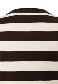 Bruin-wit gestreepte gebreide trui met een ronde hals en een gestructureerde stof, met nadruk op gedurfde horizontale patronen.