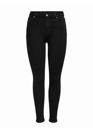 Black skinny jeans made of denim. Features a high waist, front pockets, belt loops, and a zip-fly with a button closure.