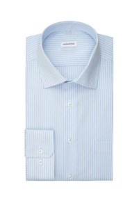 Camicia a righe blu chiaro con colletto classico, chiusura a bottoni e polsino con un solo bottone; realizzata in tessuto morbido con una superficie liscia.