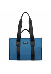 Borsa a tracolla blu realizzata in materiale resistente con manici e dettagli neri. Presenta una placca con logo e una forma rettangolare con chiusura a zip.