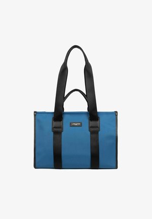 Sac cabas bleu en matériau durable avec des poignées et des accents noirs. Comprend une plaque logo et une forme rectangulaire avec fermeture éclair.