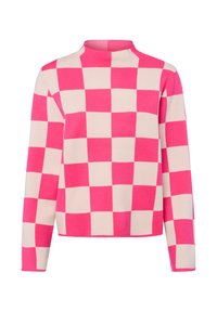 Pull à manches longues avec un col montant ; présente un motif en damier rose et crème ; fabriqué en matière tricot douce ; design court.