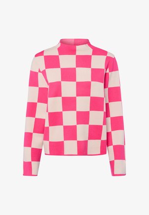 Pull à manches longues avec un col montant ; présente un motif en damier rose et crème ; fabriqué en matière tricot douce ; design court.