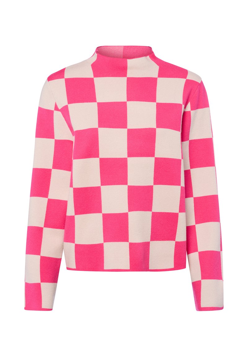 Pull à manches longues avec un col montant ; présente un motif en damier rose et crème ; fabriqué en matière tricot douce ; design court.