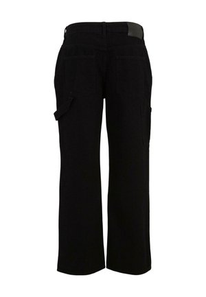 Pantaloni cargo negri cu un design drept, multiple buzunare și un țesătură texturată. Talie cu bucle pentru curea.