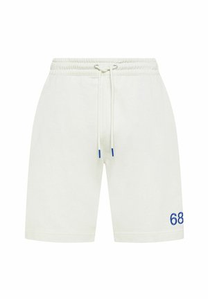 Pantaloncini bianchi con coulisse e vita elastica con dettaglio blu "68" nella parte bassa della gamba sinistra.