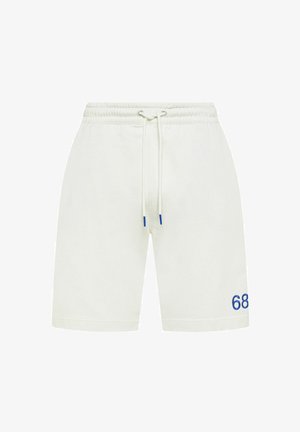 Pantaloncini bianchi con coulisse e vita elastica con dettaglio blu "68" nella parte bassa della gamba sinistra.