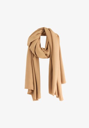 Sciarpa beige realizzata in morbido tessuto, di forma rettangolare con bordi sfrangiati, drappeggiata elegantemente a cerchio, che mette in risalto la sua texture liscia.