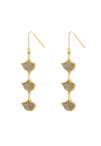 Orecchini in tono oro con quattro pendenti a forma di foglia collegati, decorati con piccoli strass di colore argento, creando un aspetto testurizzato.