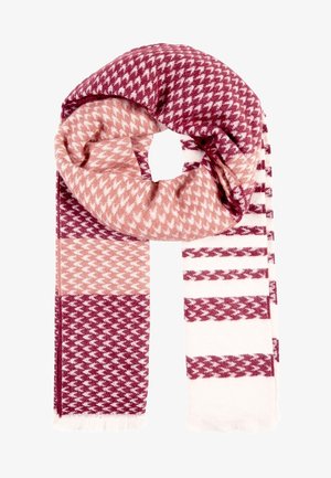 Écharpe tissée douce, avec motifs pied-de-poule et rayures en bordeaux, rose et blanc, pliée en boucle avec des bords frangés.