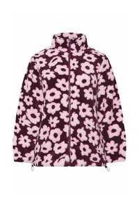 Fioletowa polarowa kurtka z wysokim kołnierzem, ozdobiona różowym kwiatowym wzorem, z pełnym zamkiem błyskawicznym i regulowanymi sznurkami w dolnej części.
