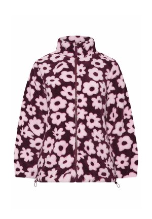 Giacca in pile viola con colletto alto, caratterizzata da un motivo floreale rosa, chiusura a zip completa e cordini regolabili all'orlo.