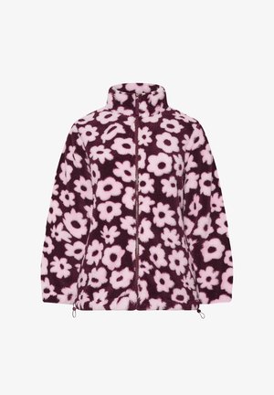 Lilla fleecejakke med høj krave, prydet med et lyserødt blomstermønster, hel lynlås og justerbare snore i kanten.