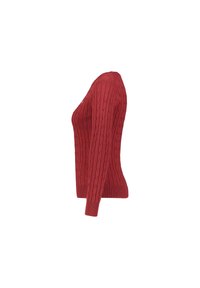 Roter Kabelstrickpullover aus weichem Stoff. Verfügt über ein tailliertes Design mit gerippten Bündchen und Saum, was für ein strukturiertes Aussehen sorgt.
