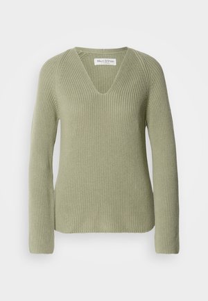 Strickpullover in Hellgrün mit V-Ausschnitt, langen Ärmeln und strukturiertem Rippmuster. Etikett am Ausschnitt sichtbar.