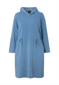 Blaues Kapuzendress aus weichem Stoff, ausgestattet mit einem Kordelzugbund und langen Ärmeln. Minimalistisches Design mit lockerer Passform.