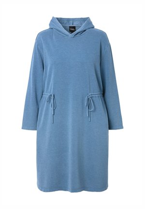 Vestito blu con cappuccio realizzato in tessuto morbido, dotato di vita regolabile con cordino e maniche lunghe. Design minimalista con una vestibilità comoda.