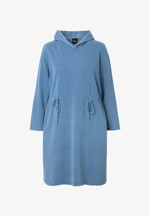 Blue hooded dress made of soft fabric, featuring a drawstring waist and long sleeves. Minimalist design with a relaxed fit.