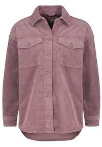 Oversized Corduroy-Hemd in sanftem Mauve mit Knopfverschluss vorne, zwei Brusttaschen und abgerundetem Saum. Strukturierter Rippstoff.