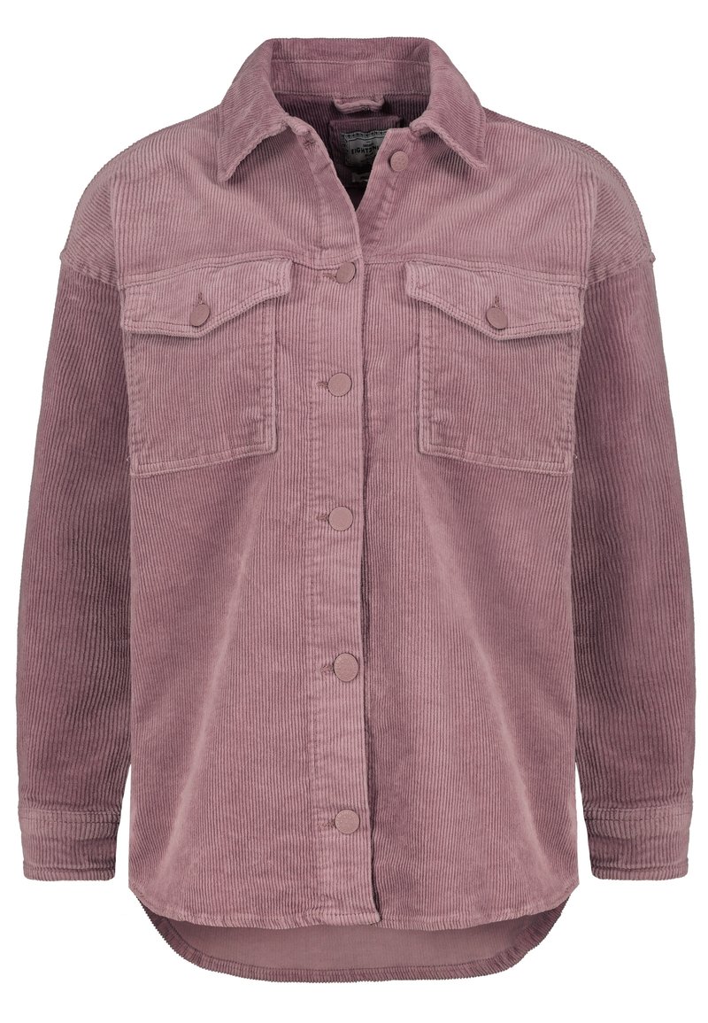 Oversized Corduroy-Hemd in sanftem Mauve mit Knopfverschluss vorne, zwei Brusttaschen und abgerundetem Saum. Strukturierter Rippstoff.