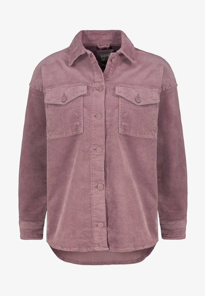 Oversized Corduroy-Hemd in sanftem Mauve mit Knopfverschluss vorne, zwei Brusttaschen und abgerundetem Saum. Strukturierter Rippstoff.
