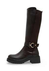 Bottes marron jusqu'aux genoux avec une finition en cuir lisse et un panneau en tissu. Dotées d'une sangle avec boucle et d'une semelle en caoutchouc épaisse pour une meilleure adhérence.