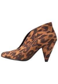 Leopardenmuster-Ankle-Boots mit spitzem Zehenbereich, aus braunem und beigem Wildleder, und einem schmalen hohen Absatz. Mit seitlichem Ausschnitt-Design.