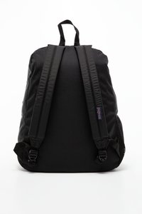 Sac à dos en tissu noir avec des bretelles rembourrées, une poignée supérieure et une poche latérale en maille. Forme rectangulaire simple au design minimaliste.