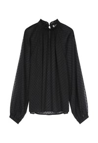 Blusa negra transparente con estampado de lunares, cuello alto, mangas largas abullonadas y detalles fruncidos en el escote y el cuerpo.
