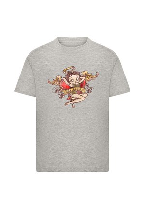 Gray short-sleeve t-shirt featuring a colorful graphic of an angelic character with a halo, surrounded by wings and a banner that reads "R.H. Angel."